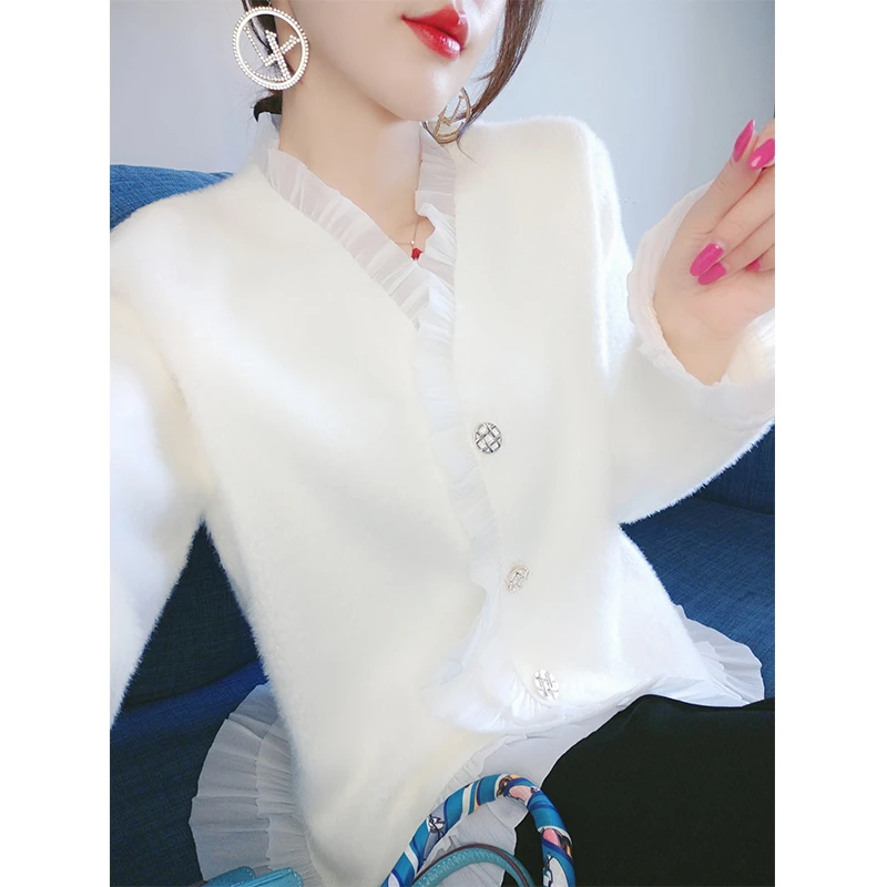 白色小香风外套女秋装2023新款高级感超好看荷叶边v领上衣 CG240
