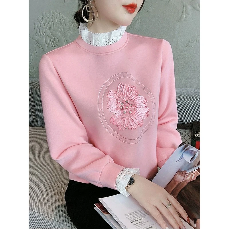 假两件女士卫衣2023新款秋装设计感小众钉珠刺绣宽松韩版粉色上衣