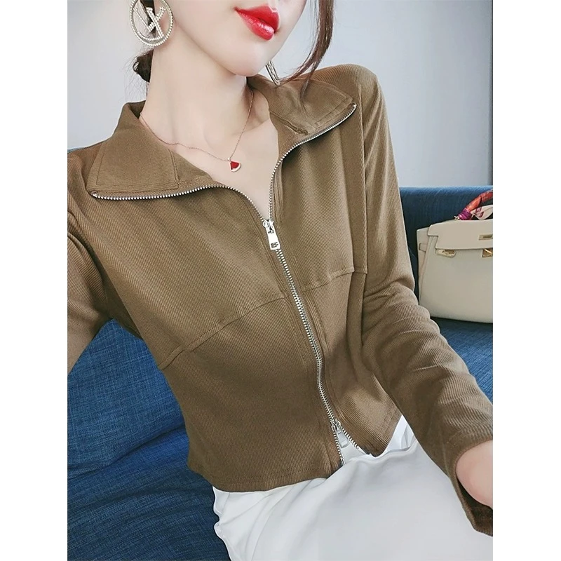 秋季外套女款卫衣2023新款潮气质修身翻领纯棉长袖拉链款开衫上衣
