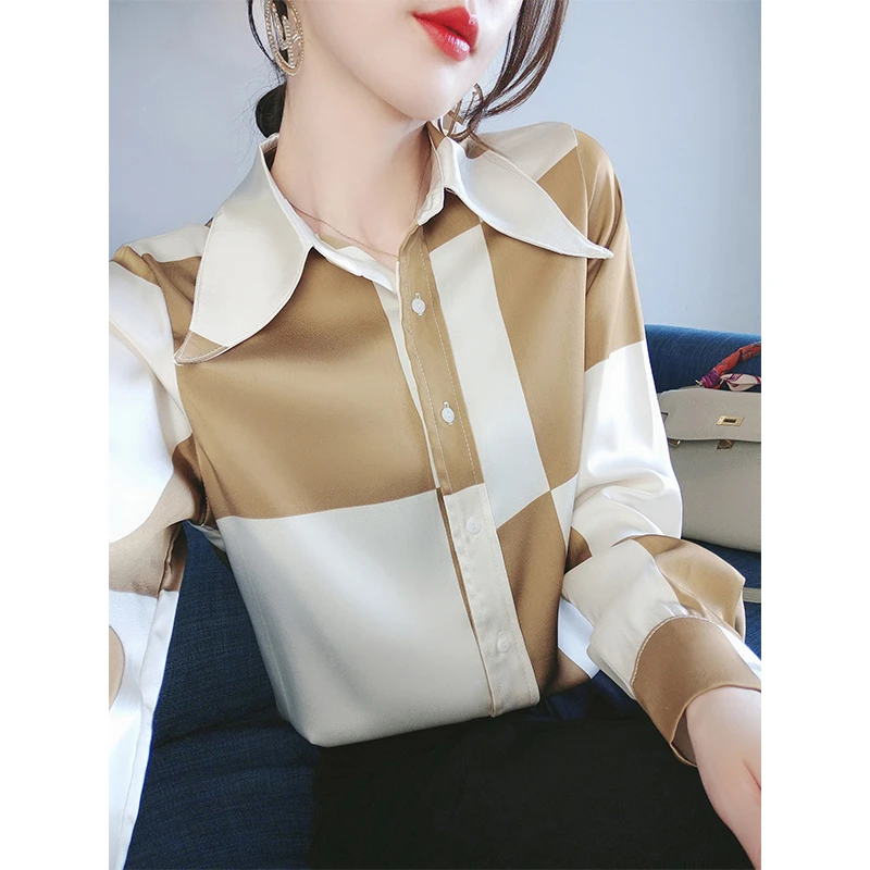 长袖缎面衬衫秋装上衣新款休闲宽松百搭通勤职业女装衬衣 HX8636