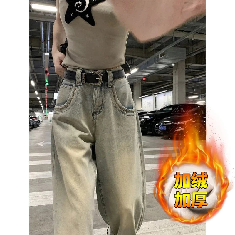 复古水洗加绒阔腿牛仔裤女秋冬新款高腰宽松显瘦牛仔裤宽松阔腿裤