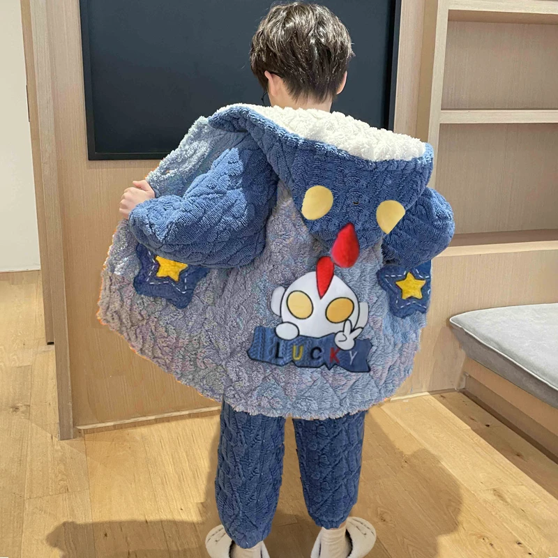 儿童睡衣男童男孩三层夹棉秋冬季2025新款加厚款家居服加绒珊瑚绒