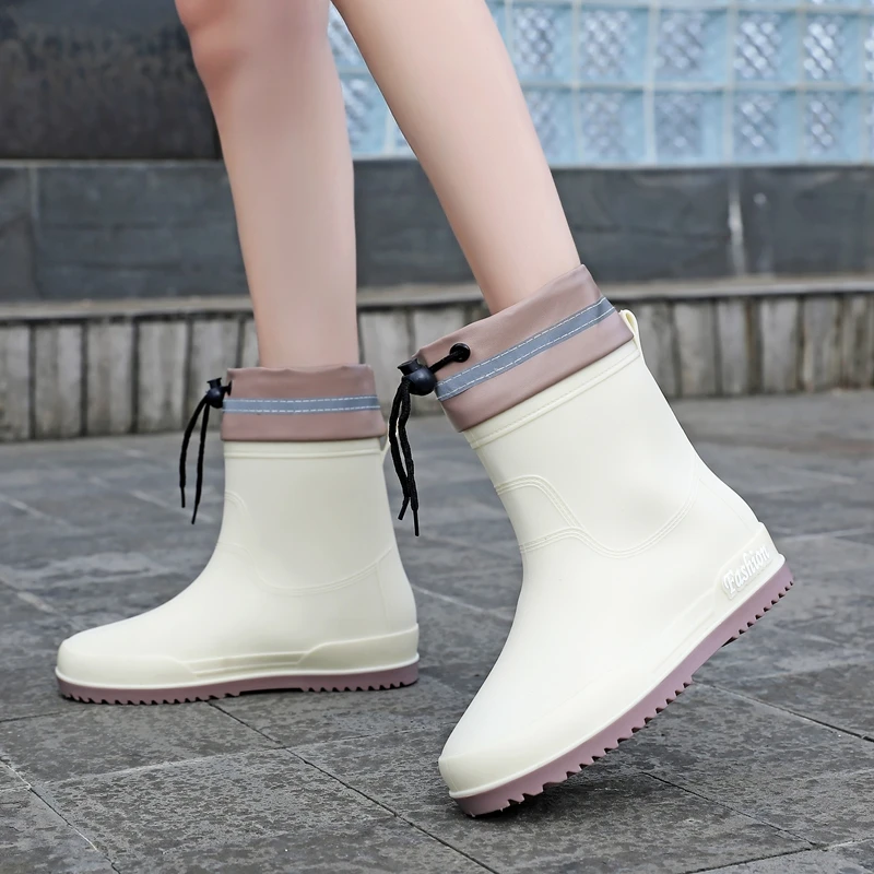 时尚雨鞋女短筒防滑防水鞋加绒保暖雨靴厨房工作中筒胶鞋束口水靴