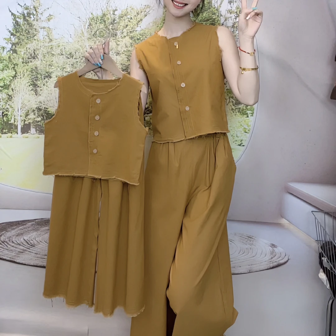 韩系薄款套装女童夏圆领毛边无袖上衣+高腰显瘦阔腿裤两件洋气潮