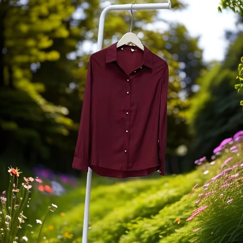 秋季剪标高品质酒红色柔软面料精致做工女士休闲时尚衬衫