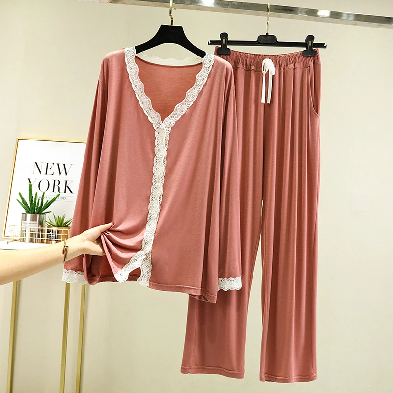 莫代尔蕾丝花边家居服套装女大码宽松长袖睡衣春夏薄款休闲两件套