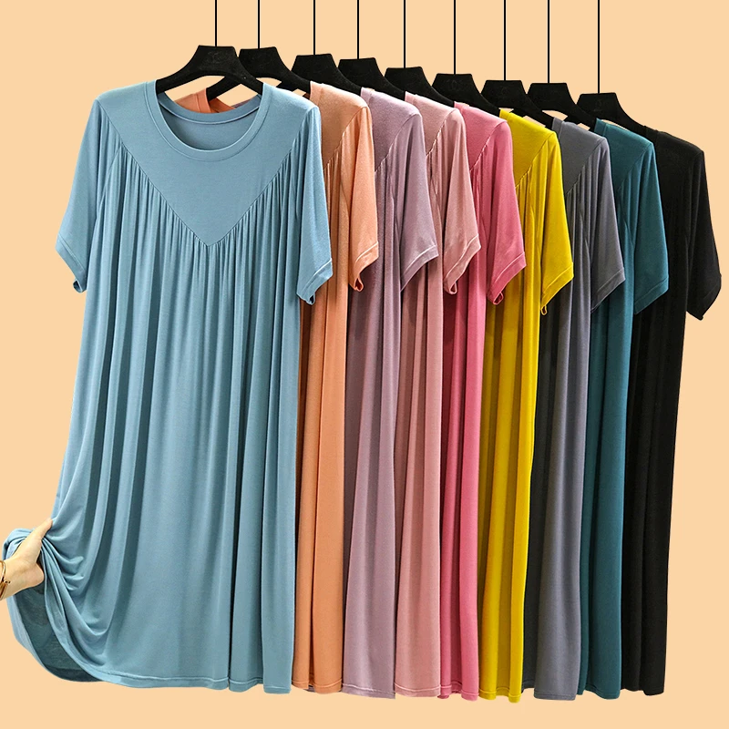 莫代尔睡裙女夏2023新款大码睡衣长款连衣裙可外穿薄款短袖家居服