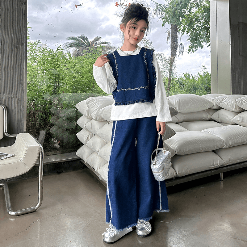 女童套装早秋季2024新款洋气时髦儿童打底衫马甲牛仔裤三件套童装