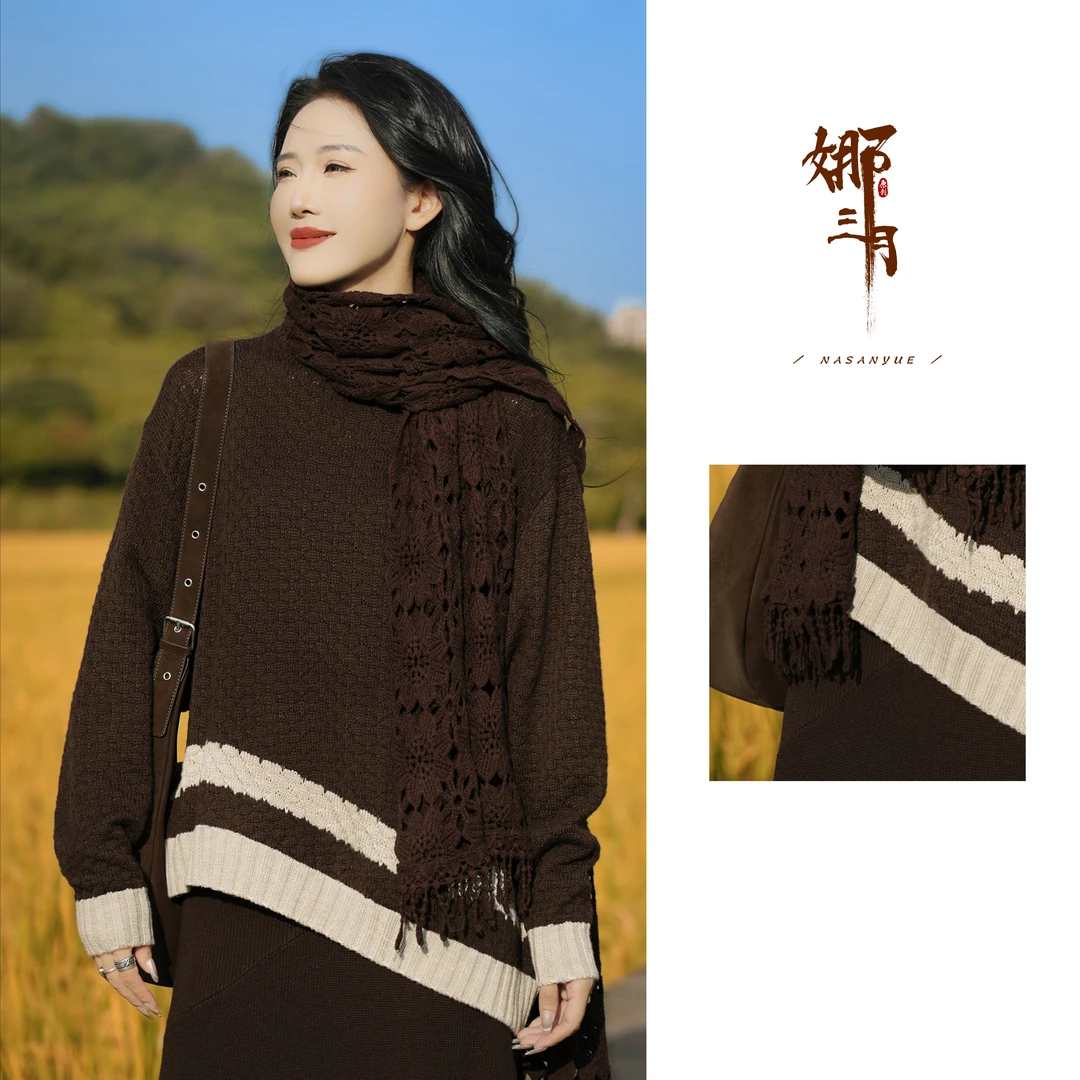 娜三月【原创】复古简约气质拼接撞色毛衣设计师款羊毛衫S3365