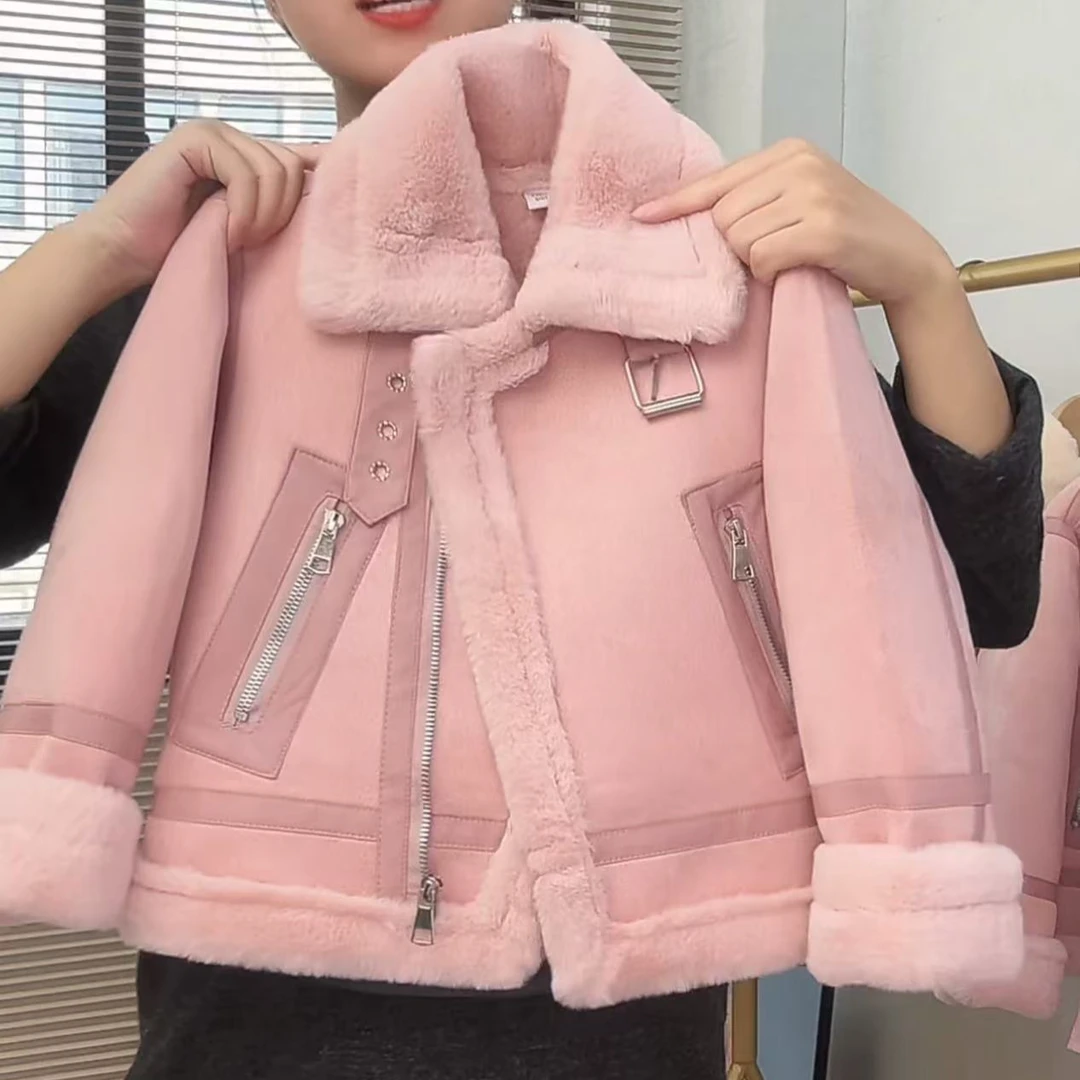 2024冬季新款女童皮毛一体外套中大童洋气翻领衣服时尚韩版机车服