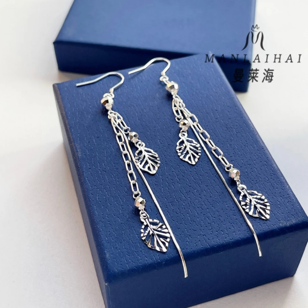 足银耳饰 超长车花三线叶子耳钩气质百搭轻奢欧美个性i