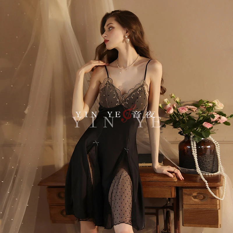 法式浪漫--带胸垫高端吊带性感内搭蕾丝睡衣网纱透明睡裙女轻奢夏