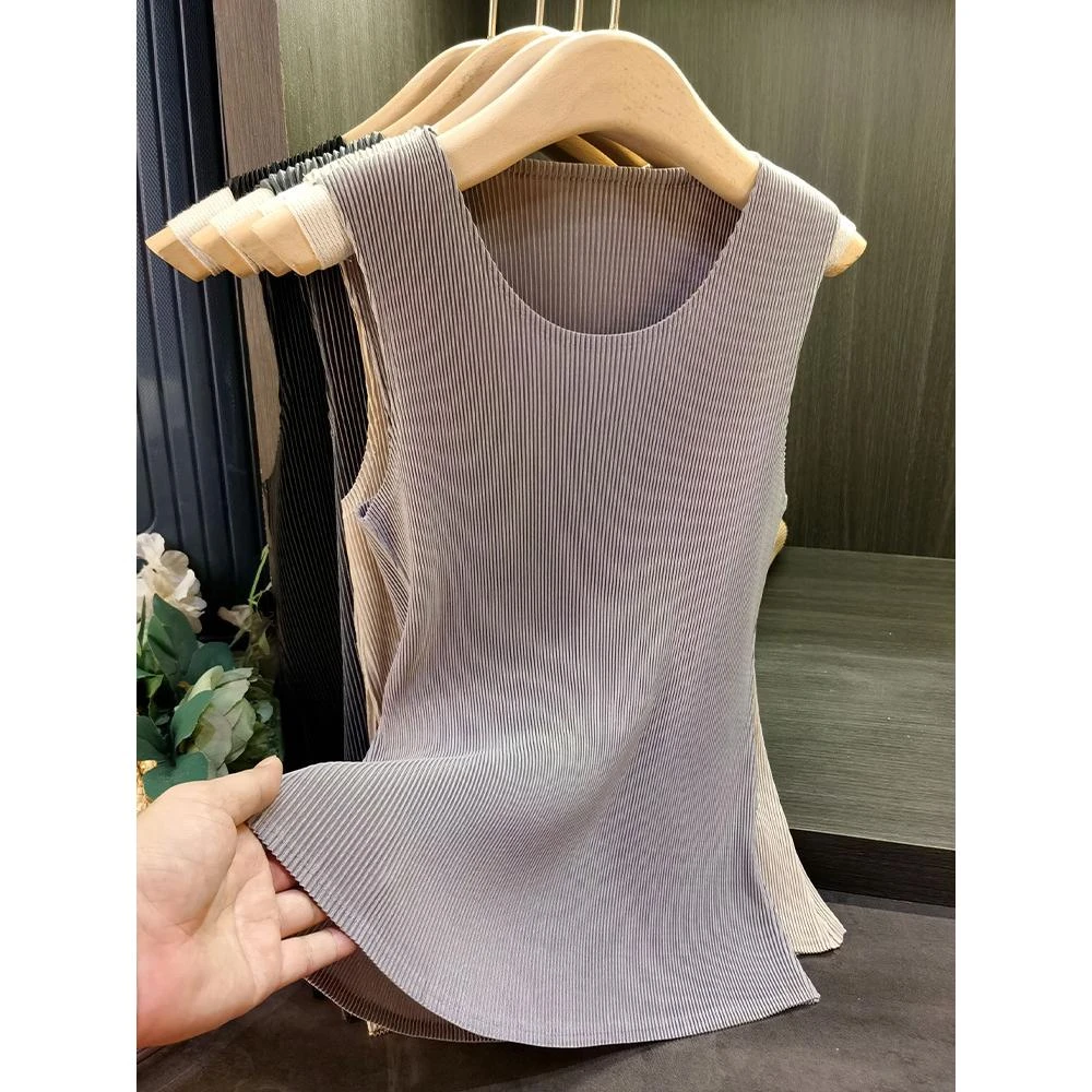 三宅褶皱百搭纯色圆领褶皱背心气质通勤显瘦内搭无袖T恤女夏新款