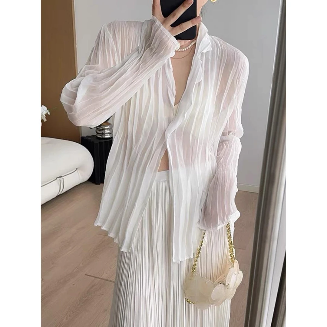 三宅褶皱日常百搭通勤防晒衣女褶皱单粒扣开衫24夏季新款搭空调衫