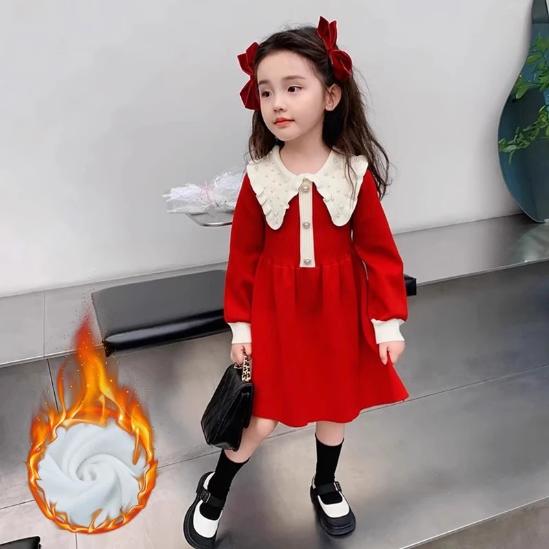 女童红色连衣裙秋冬公主裙毛衣针织衫裙子加绒加厚洋气爆款小香风
