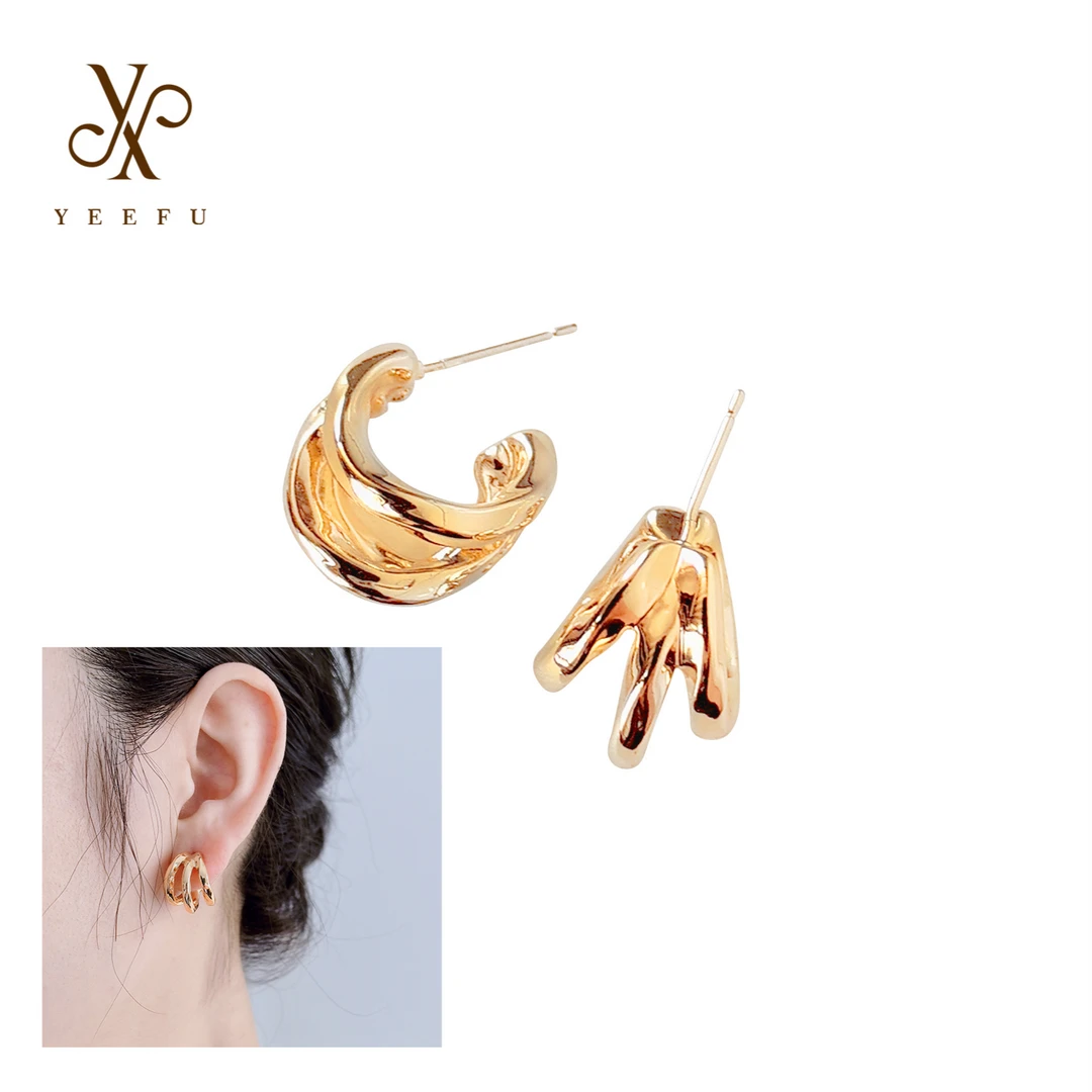 铜合金耳饰 新款复古肌理感法式褶皱C型耳钉轻奢简约小众耳圈6312