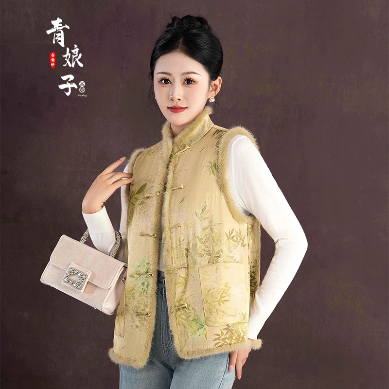 青娘子枫林晚(林菀)新中式宽松中国风秋冬立领驼绒短马甲---51099