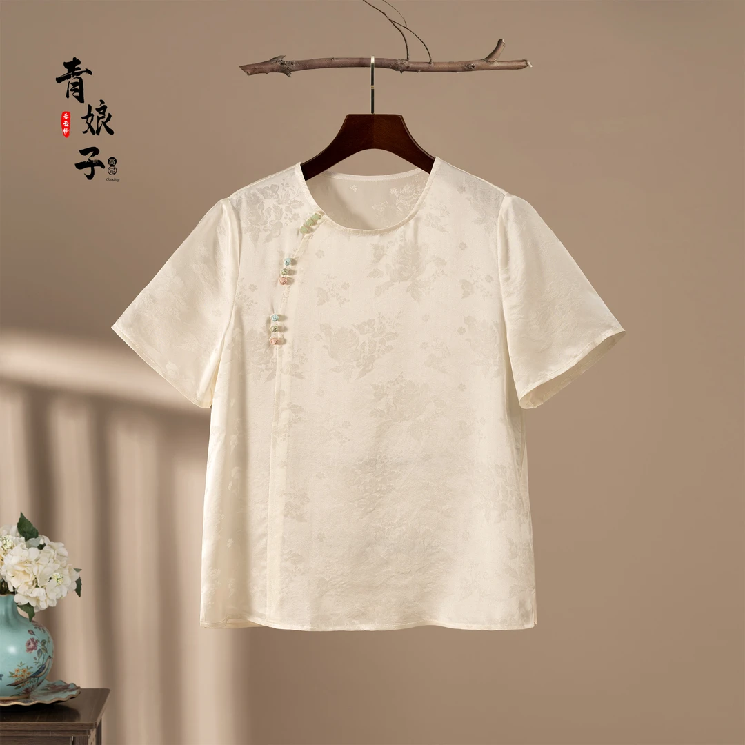 青娘子真丝（姝忆）中式斜襟套头短袖夏季时尚上衣50776