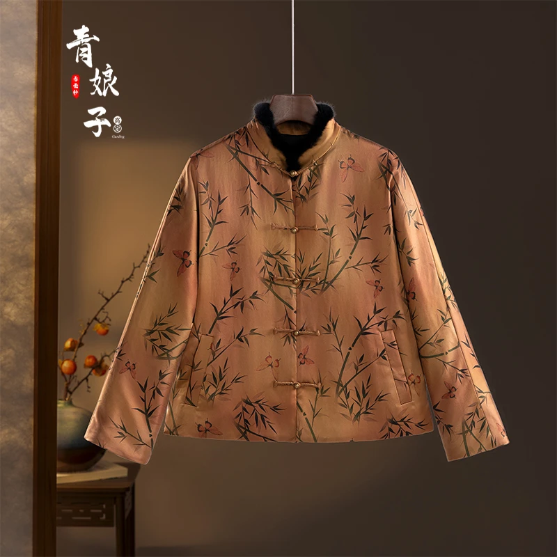 青娘子香云纱[芸萱]重缎印花拼貂毛保暖加厚中国风秋冬棉服50981