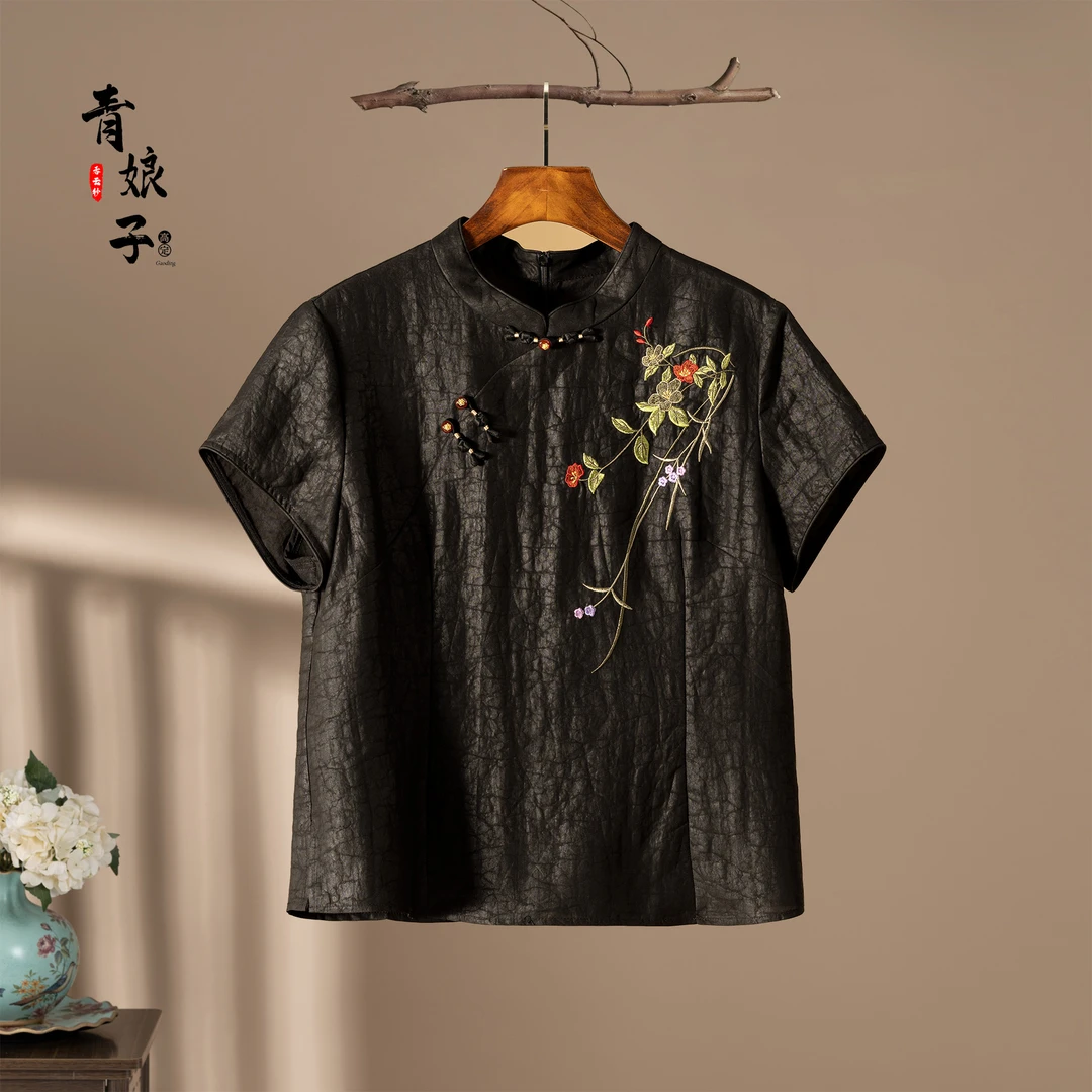 青娘子香云纱（丹钰）龟裂纹刺绣斜襟中式时尚夏季复古短上衣-50701