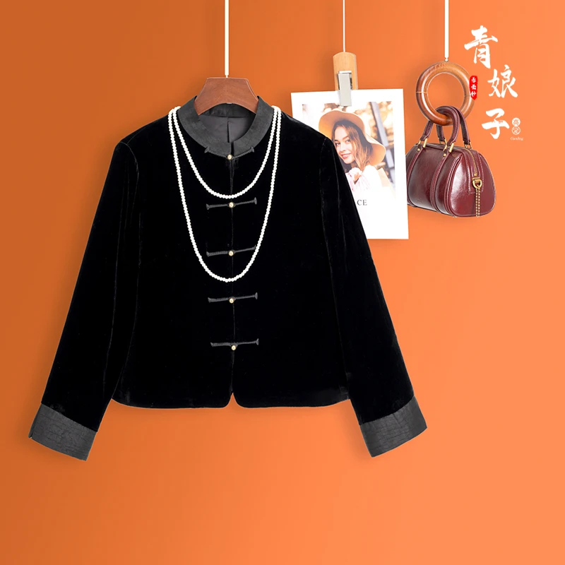 青娘子（黔韵）丝绒拼接香云纱龟裂纹新中式百搭唐装复古上衣-51336