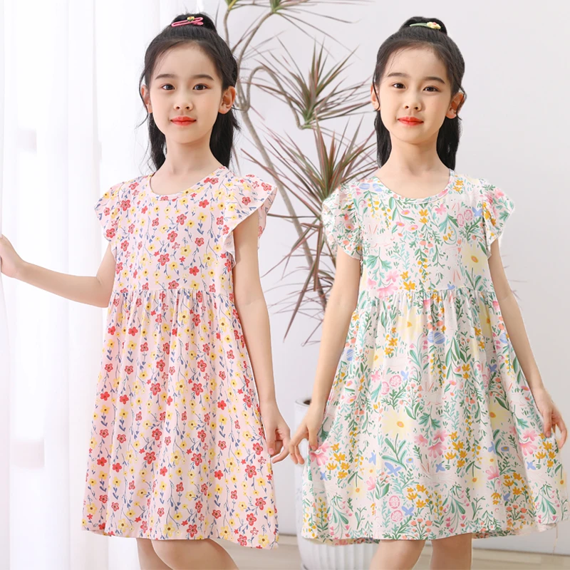 女童连衣裙棉绸夏季小女孩睡衣家居服宝宝镂空直筒中大童薄款睡裙