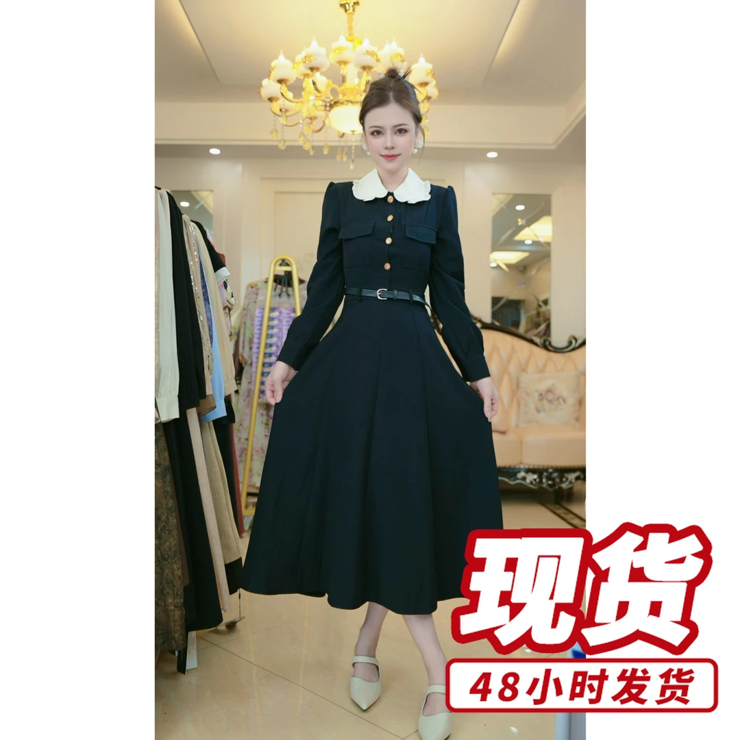 （现货）梦想服饰高级感秋冬季新款黑色长袖连衣裙收腰显瘦气407