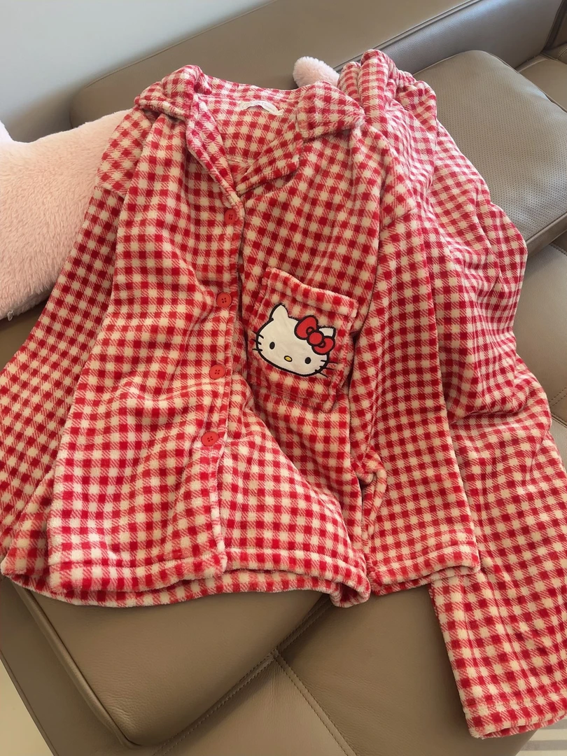 韩版复古甜美保暖红格子珊瑚绒Kitty 睡衣女秋冬加厚卡通家居服