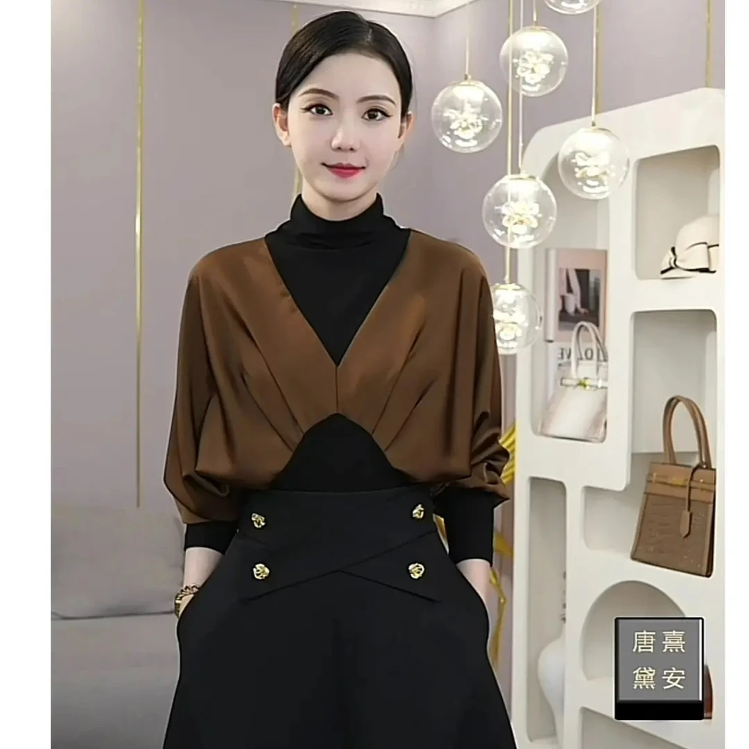 现货2023早秋季新款气质轻奢拼接美拉德显瘦衬衫针织上衣女高级感