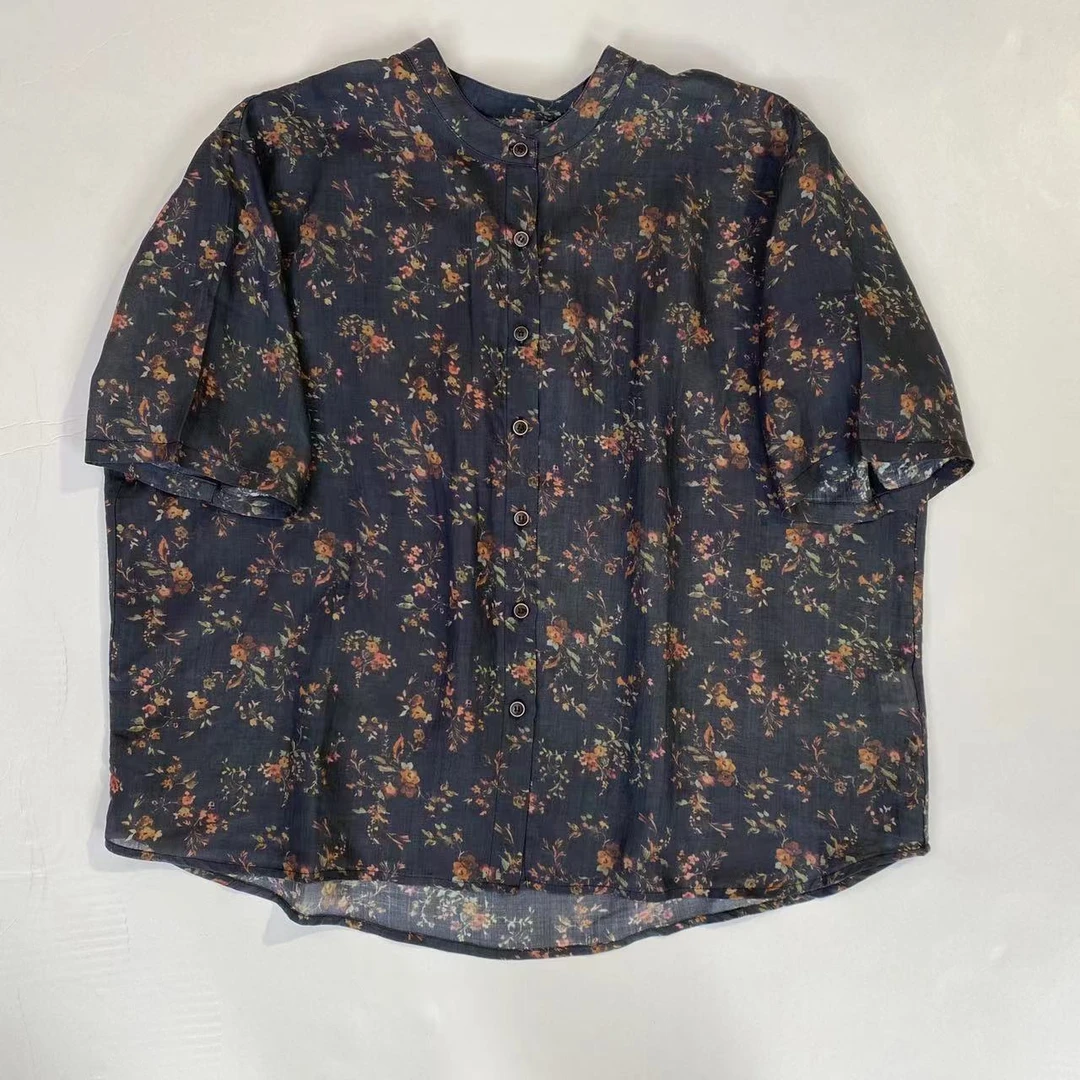 兰姐直播间夏季新款时尚百搭苎麻印花半袖圆摆衬衫069衬衣