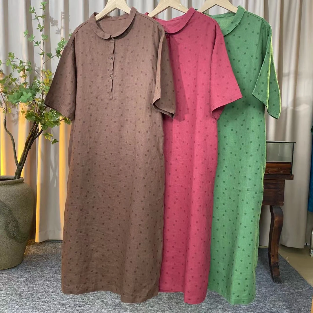 兰姐直播间夏季新款时尚百搭休闲苎麻宽松小翻领波点连衣裙065