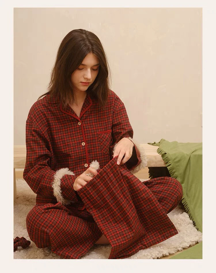 朵朵可可睡衣女秋新款纯棉舒适小翻领格子磨毛休闲家居服