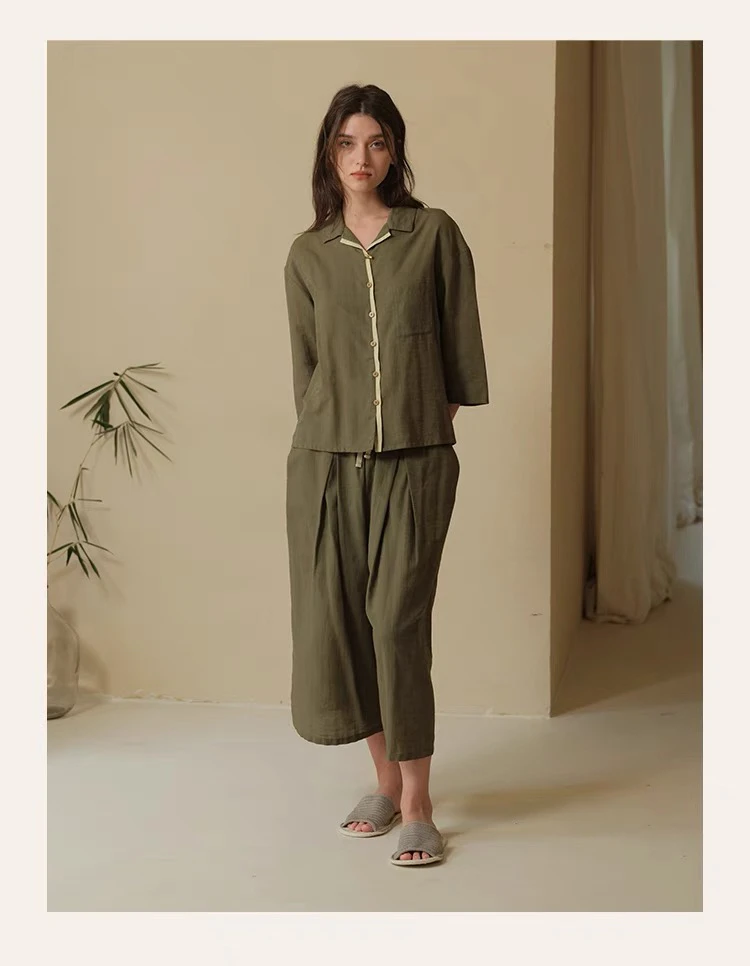 朵朵可可睡衣女2024春夏季新款竹节棉墨绿小翻领套装