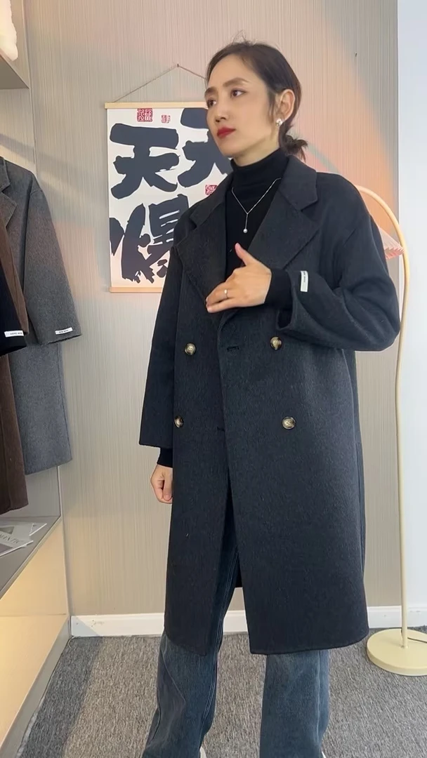 2024秋冬新款时尚羊毛大衣外套长款双面羊毛大衣外套双排扣气质
