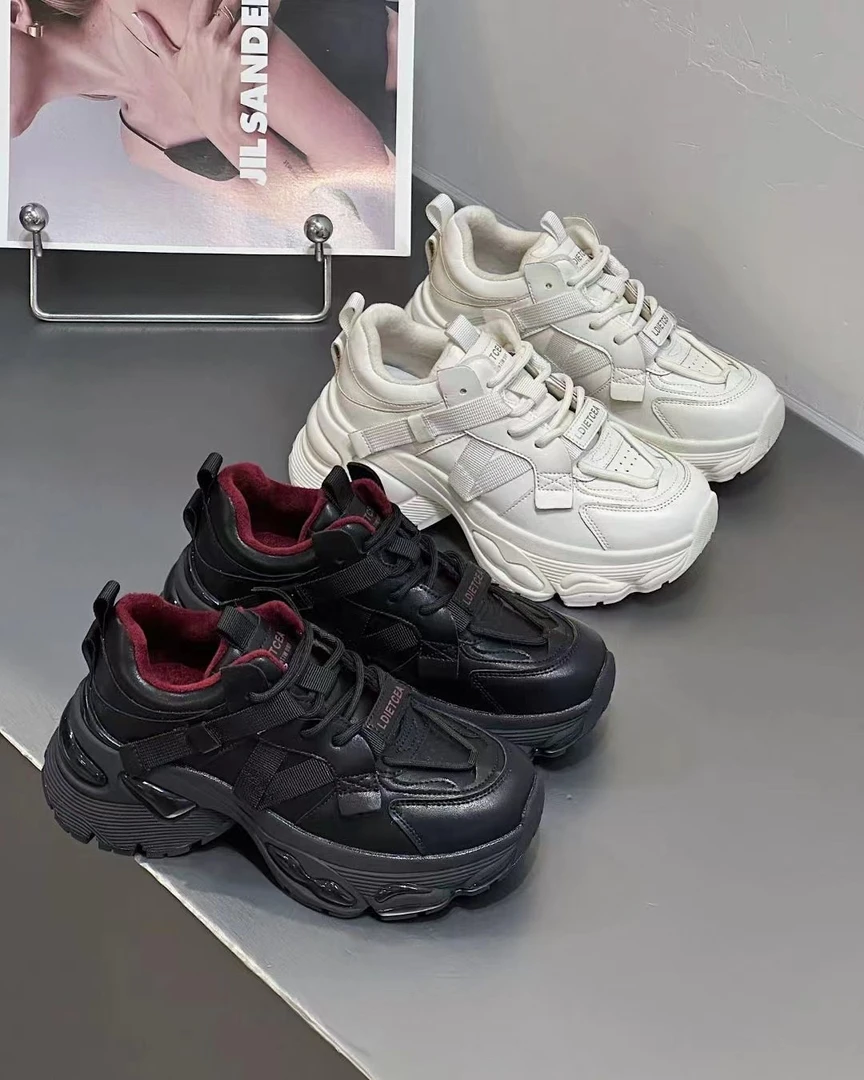 加绒老爹鞋网红秋季厚底系带真皮潮流休闲老爹鞋