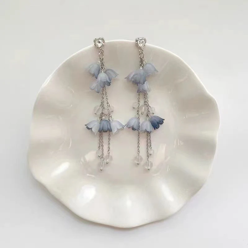 合金亚克力耳饰 古风水墨铃兰花长款流苏耳饰
