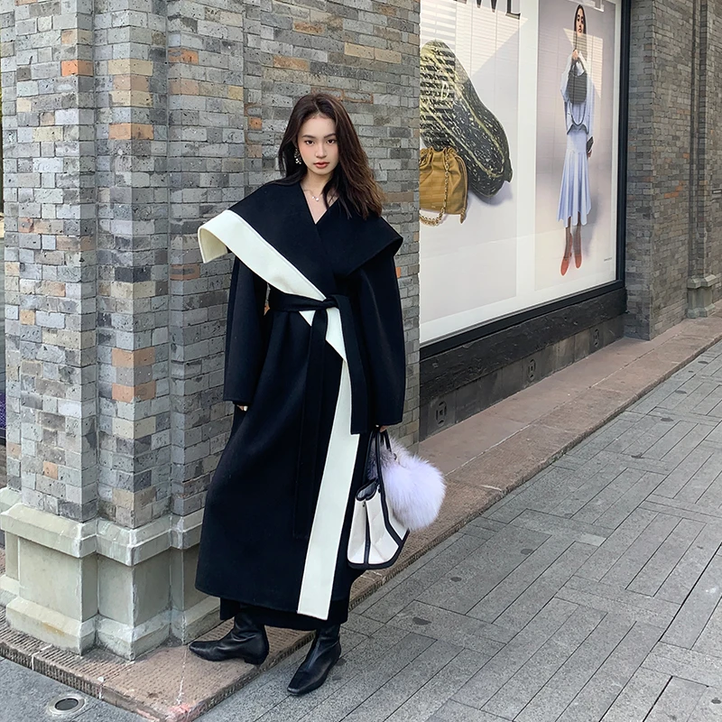 【昼夜飞行】RARE ME 拼色双面尼格子撞色拼接翻领尼子大衣外套