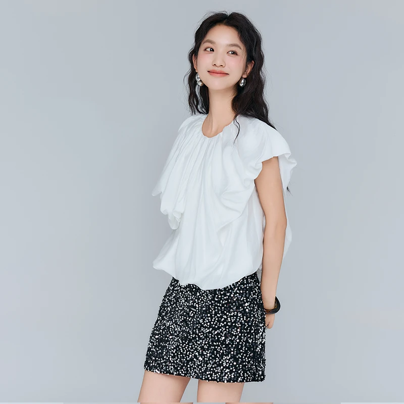 【早安日记】RARE ME褶皱泡泡袖T恤设计感几何结构圆领miu上衣女