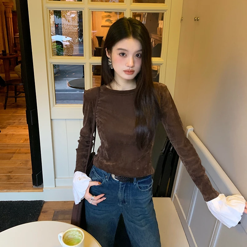 【香槟格调】RAREME金丝绒打底衫拼接花苞袖秋冬设计感上衣慵懒