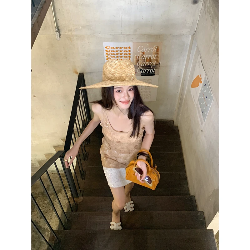 【落落繁花】RARE ME夏季皱痕串珠饰半透明吊带上衣长袖防晒衫