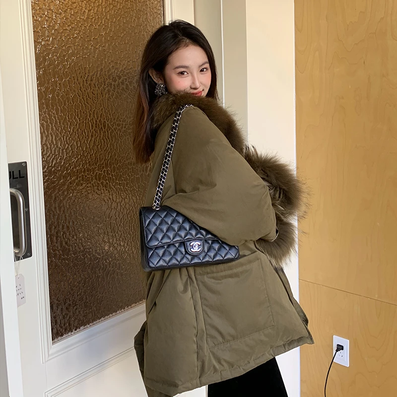 【时髦佳人】RARE ME 冬日系带短款时尚貉子毛领毛袖外套羽绒服女