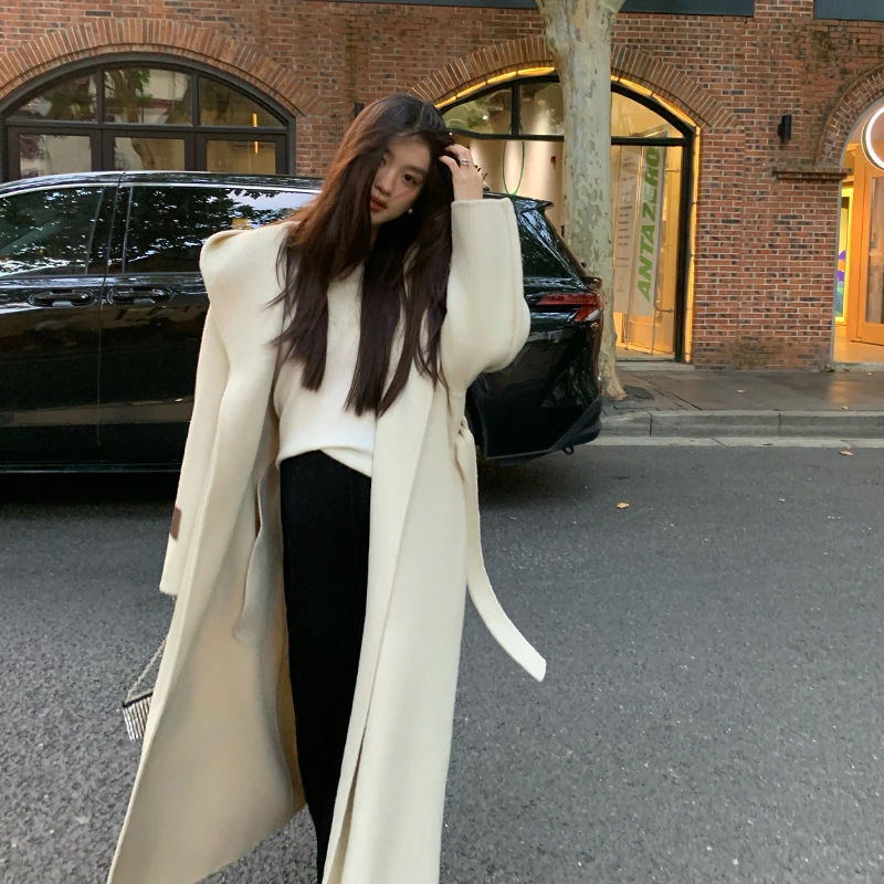 【卢浮夜区】RARE ME秋冬优雅慵懒设计感系带双面呢羊毛大衣