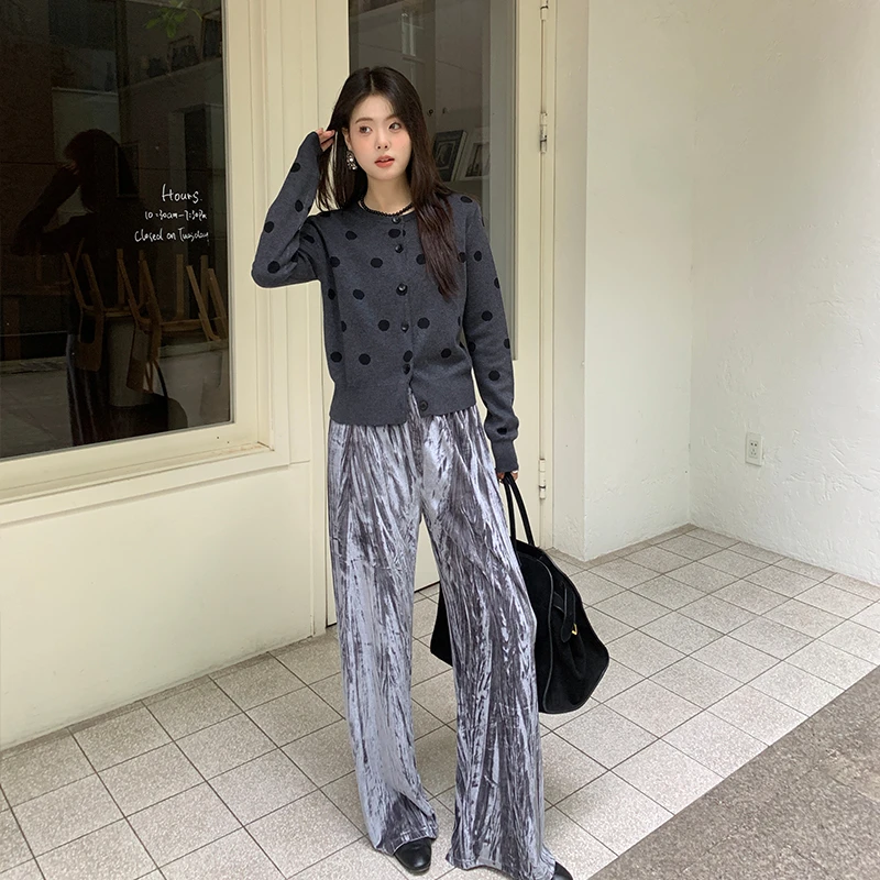 【波尔卡圆点】RARE ME秋季复古波点设计感显瘦圆领毛衣开衫外套