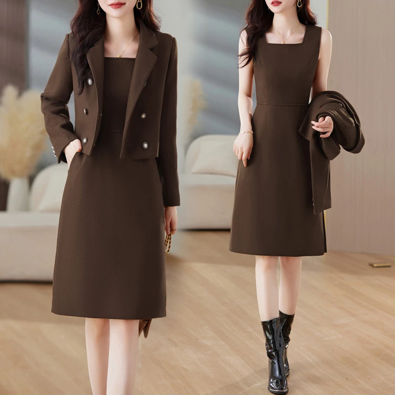 时尚套装2024新款显瘦时尚减龄双排扣西装领毛呢呢料套装裙两