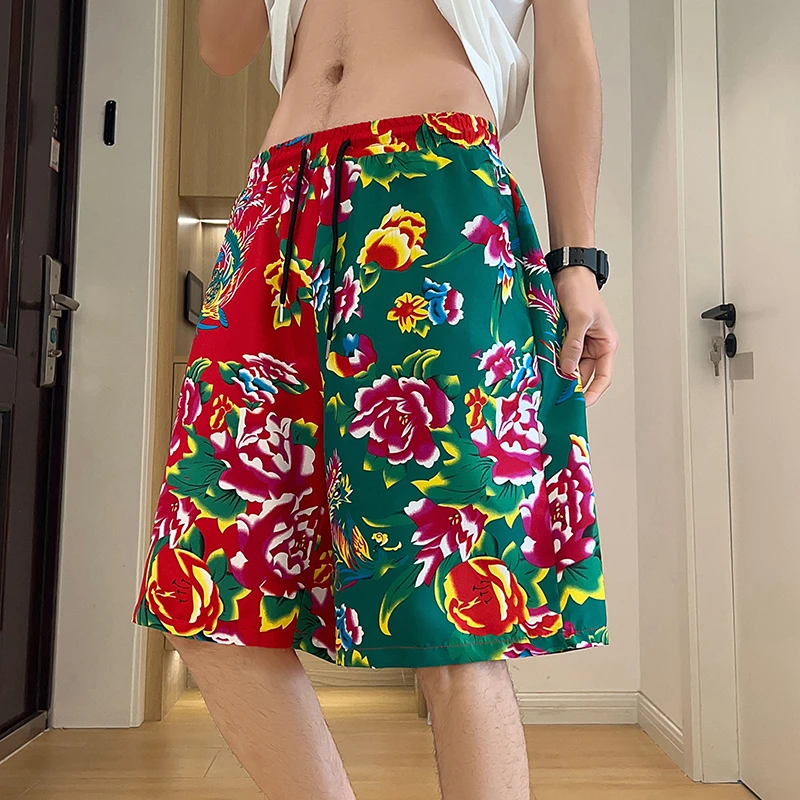 休闲裤U1男女拼接大码短裤东北大花中国风休闲沙滩裤五分团队裤子
