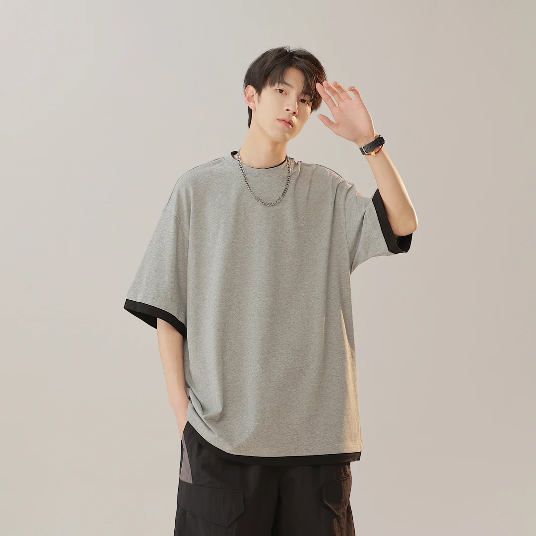 假两件T恤男短袖夏潮宽松运动打底衫T恤24XT77135-P纯色半袖