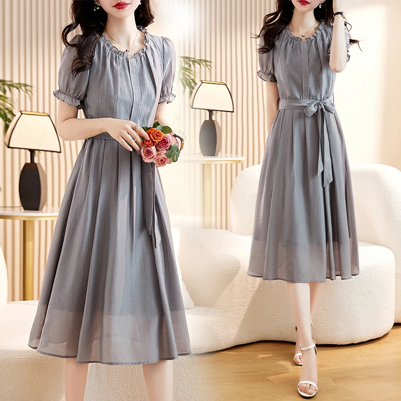 高品质素色韩版连衣裙收腰洋气裙子女中长裙气质显瘦，女装连衣裙