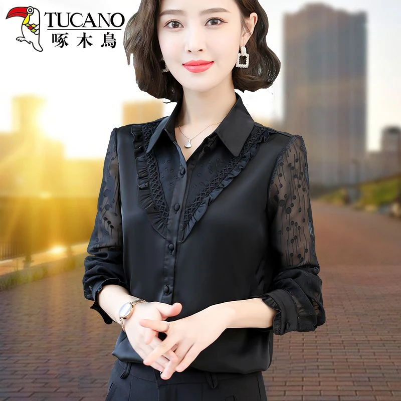 啄木鸟黑色衬衫女长袖春秋季新款洋气高档雪纺衫上衣气质网纱衬衣