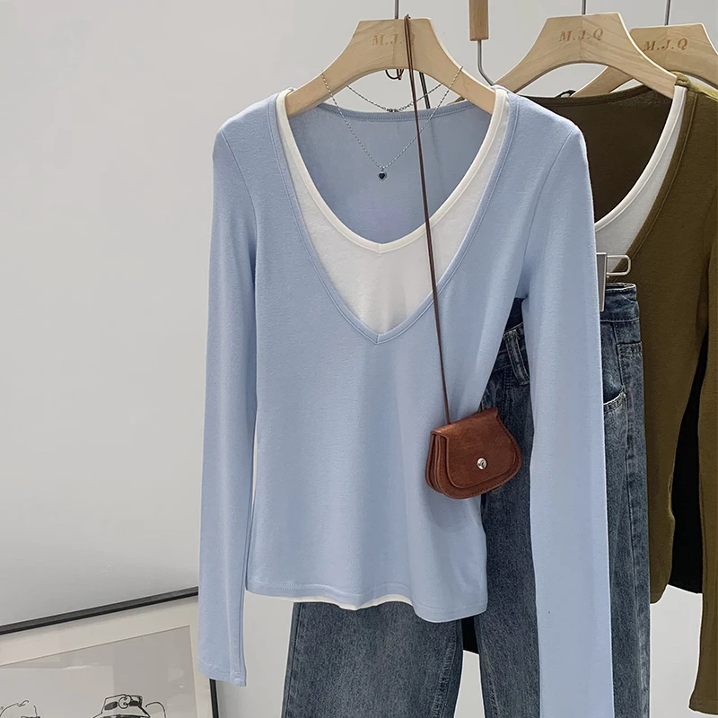 长袖T恤打底衫女2023秋冬新款V领撞色拼接显瘦修身假两件洋气上衣