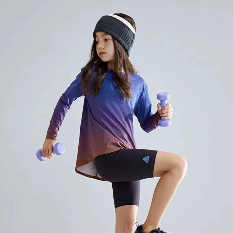 女童秋冬新款彩色渐变燕尾长袖T恤速干运动户外训练瑜伽健身上衣